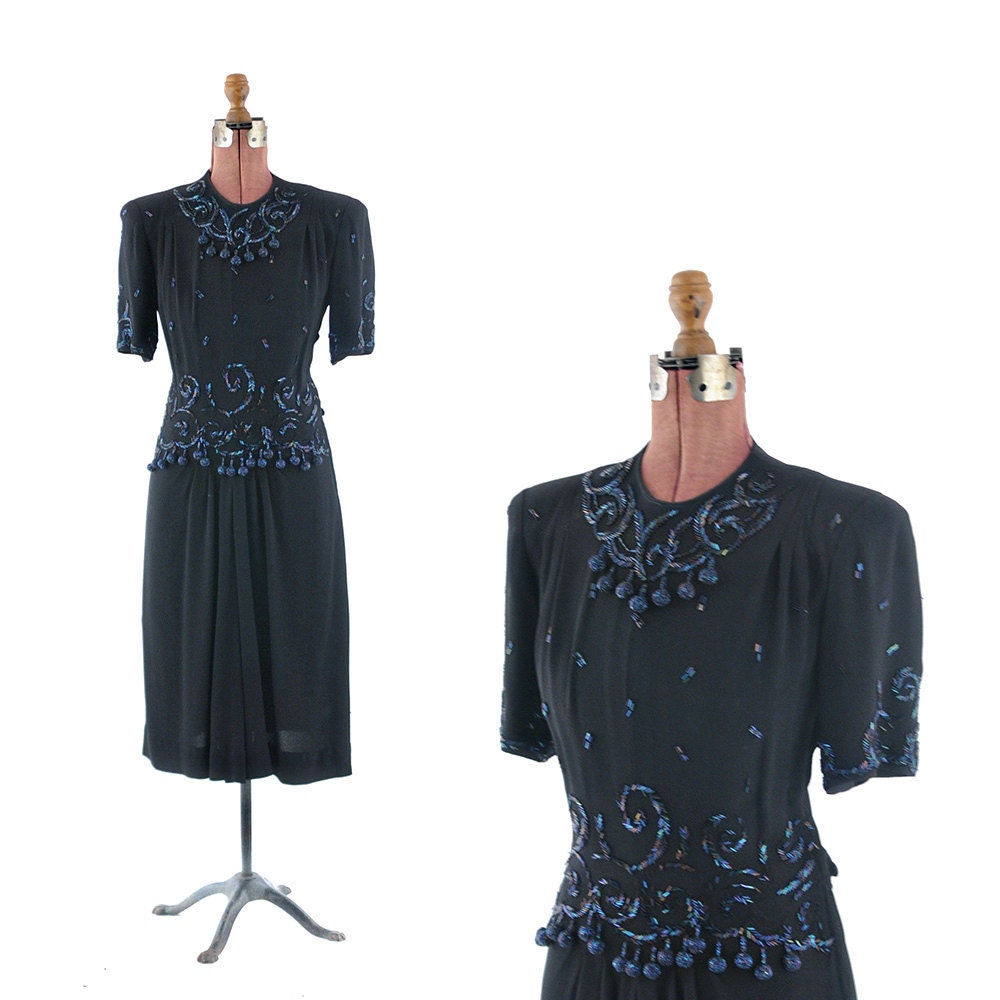 Vintage 1940's Eisenberg Black Rayon Crepe Embellished Hourglass Cocktail Dress M