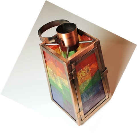 Rainbow LGBT Copper Lantern Decoupage Glass Medium OOAK