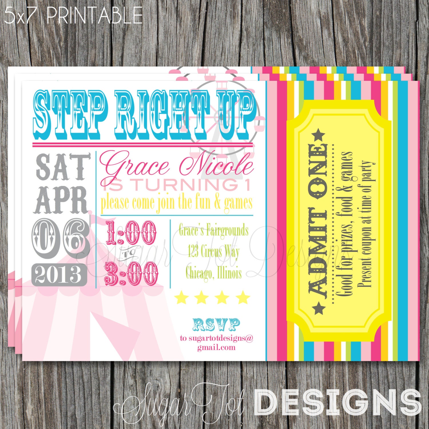 Carnival, Circus Birthday Party Invitation, Vintage Carnival Theme Party Invite, Pink and Turquoise - 5x7 PRINTABLE