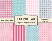 Tea for Two Digital Paper Pack - Valentine Papers - Digital Scrapbooking Set, Valentine Backgrounds