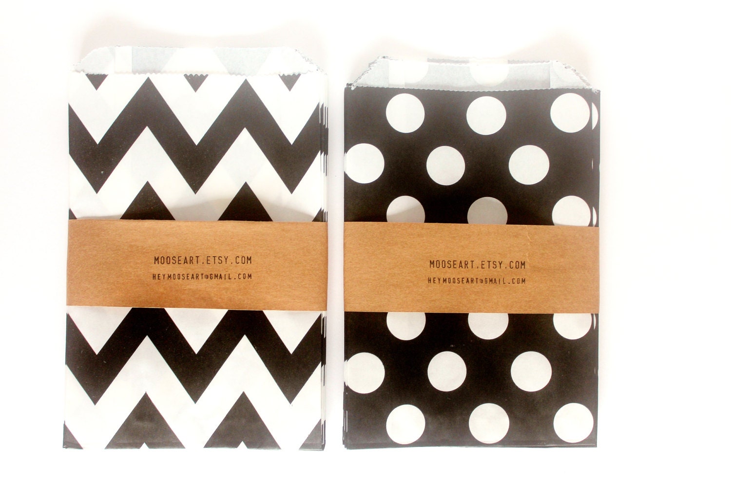 Black White Paper Gift Bags, Choose Between Dots and Chevron - Set of 12 bags