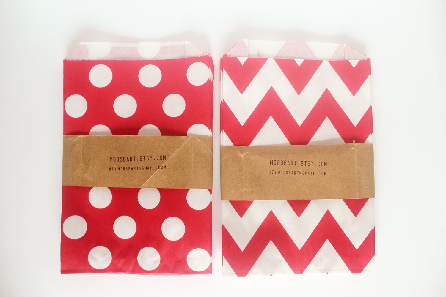 Fire Cracker Red Dotted or Chevron Paper Bags, Choose Between Dots and Chevron - Set of 12 bags