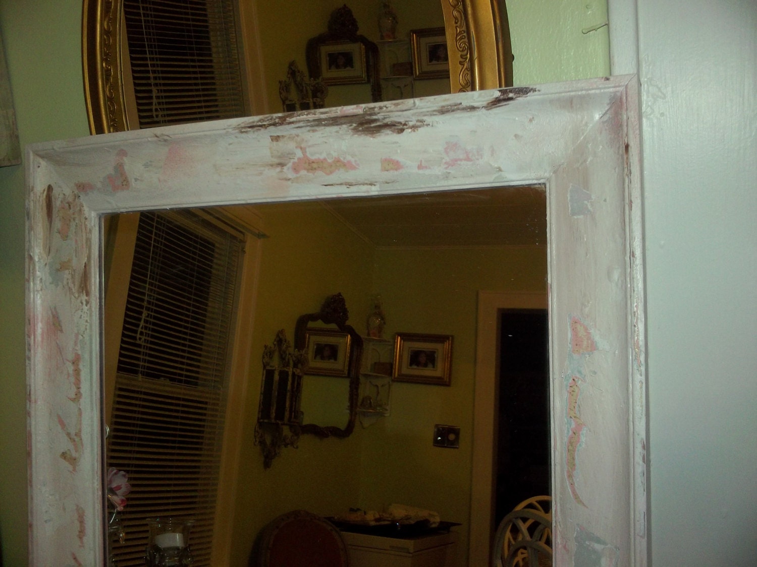 Pretty in Pink, aqua, white, and off white distressed chippy, shabby chic, Farmhouse, French country large bedroom mirror