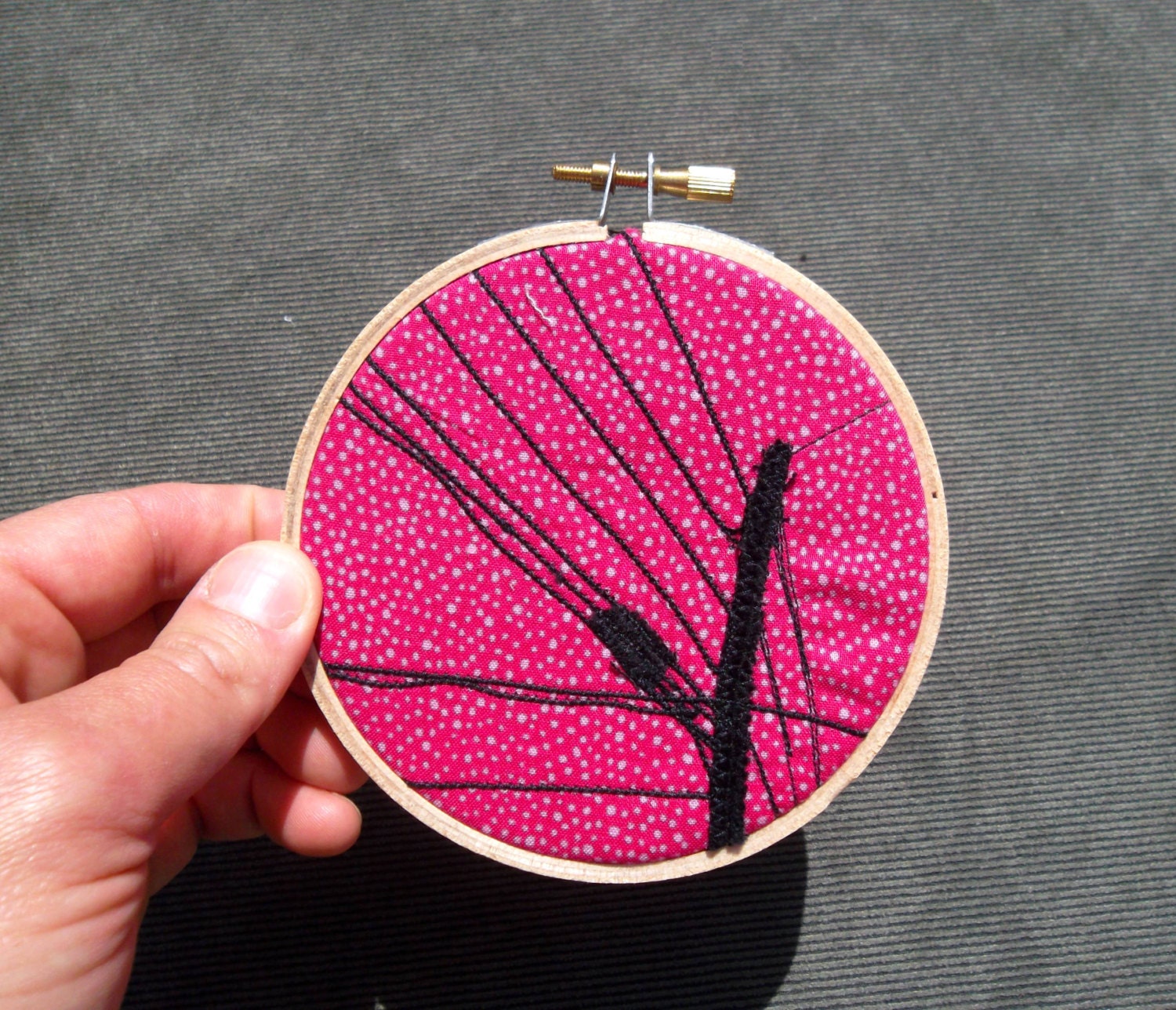Mini Hoop, "Telephone Pole with Magenta Salami Sky," OOAK, recycled fabric art, mounted in 4 inch hoop, ready to hang