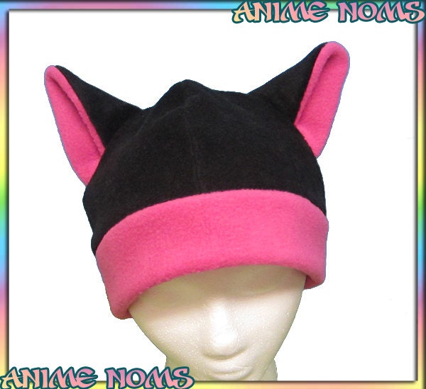 Anime Kitty Hat Black and Pink - Antipill Fleece Adult Teen Child Sizes Geek Warm Rave Goth Animal Cute Kawaii Cosplay Cat Neko Ears