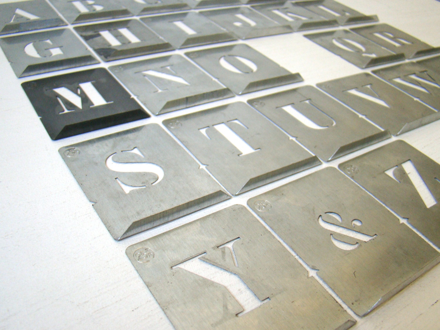 antique french zinc stencil set, alphabet letter stencils, small aluminum stencils, industrial letters, lipped stencils