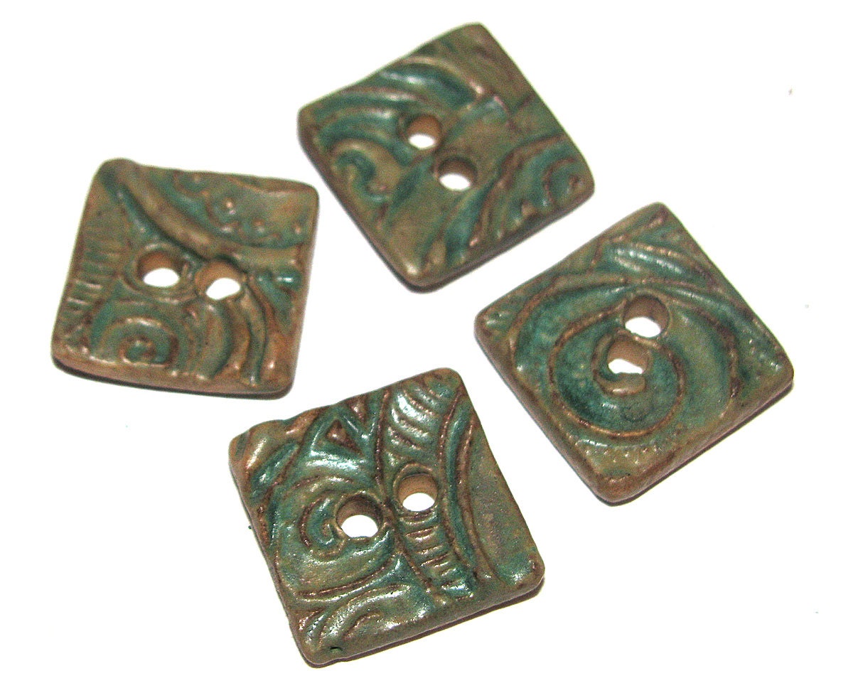 Handmade Ceramic Stoneware Square Button Set x 4 Spiral Textured Aqua Rustic Seafoam Teal