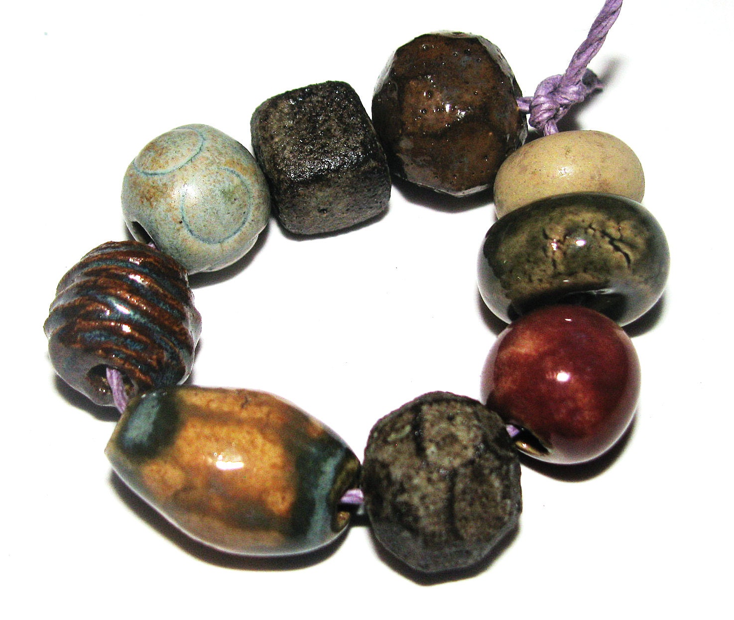 9 x Handmade Ceramic Stoneware Bead Set Brown Black Pink Seafoam Earthy Rustic Primitive