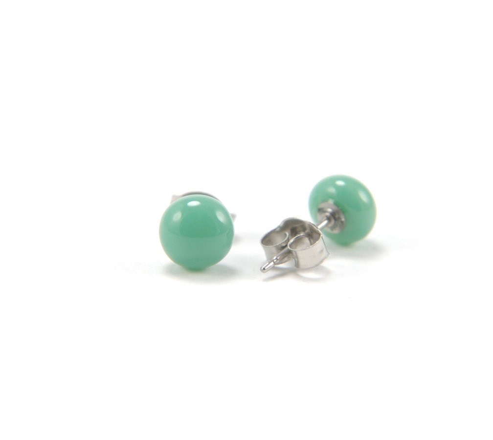 Mineral green fused glass small stud earrings with surgical steel earring posts