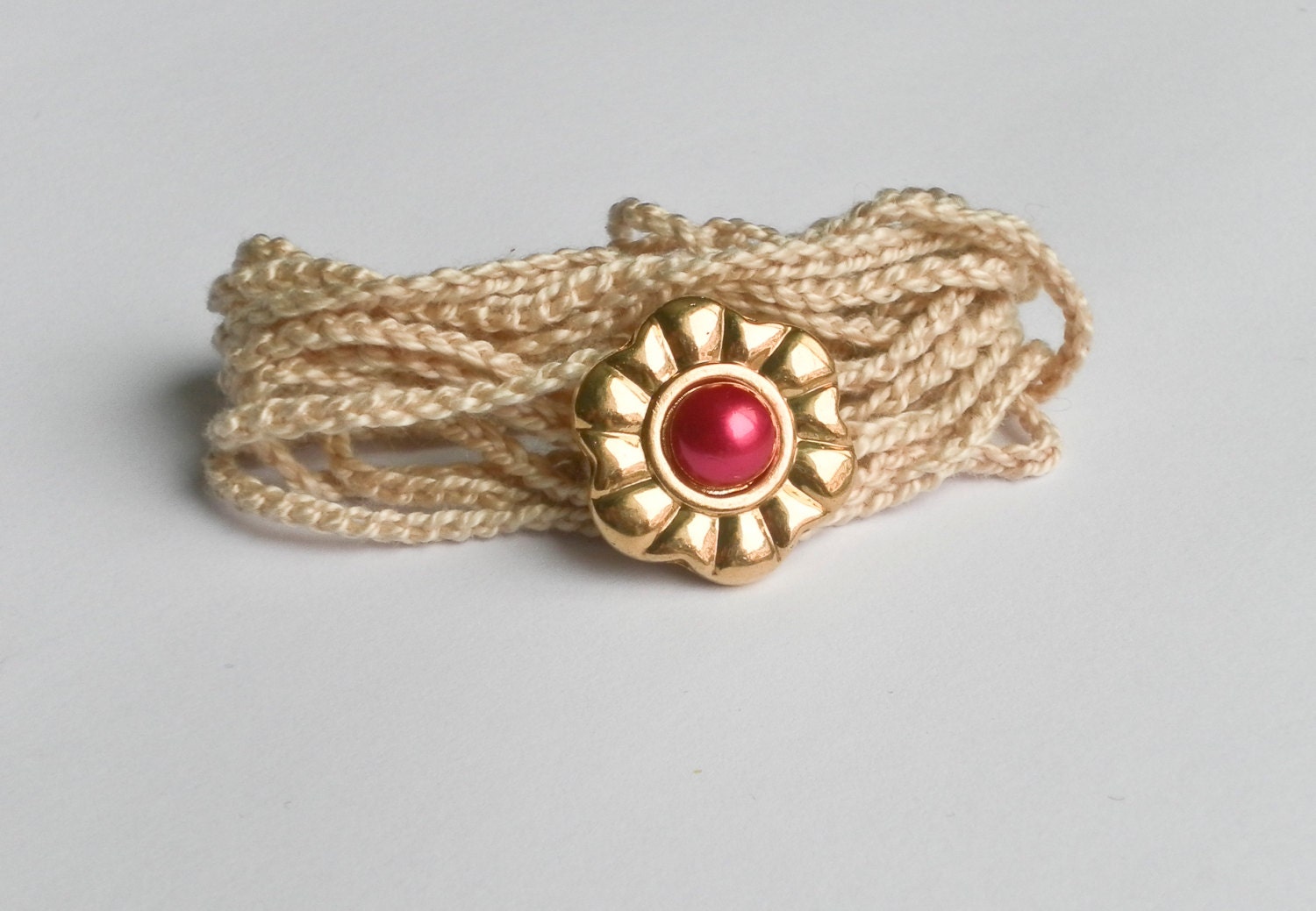 Crochet Wrap Bracelet Beige and Gold and Pink Button Focal Cotton Bracelet Fundraiser