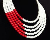 Multi Strand Pearl and Riverstone Beaded Necklace - Red & White Necklace - Color block Necklace Red Necklace Red Bridesmaid