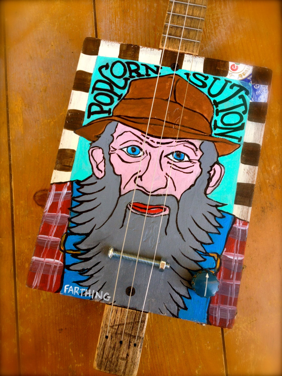 Cigar Box Guitar- POPCORN SUTTON Three String FRETTED Cigar Box Guitar.
