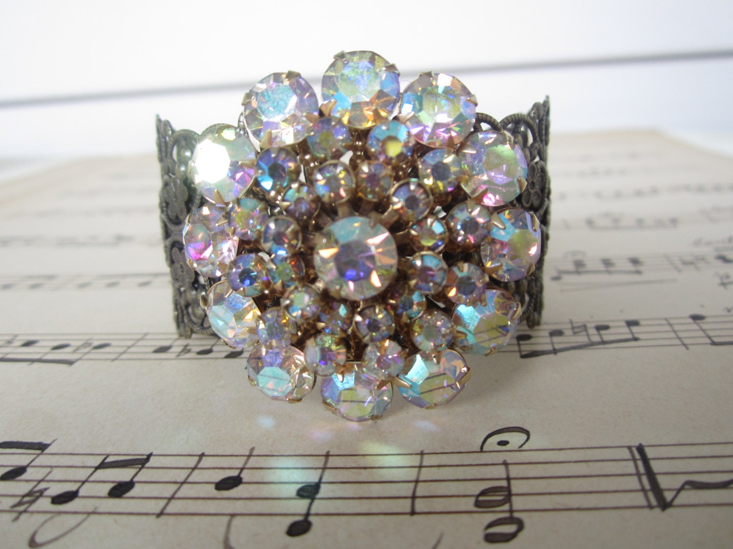 Bracelet - Aurora Borealis Rhinestone Flower, Brass Filigree Cuff - repurposed upcycled assemblage