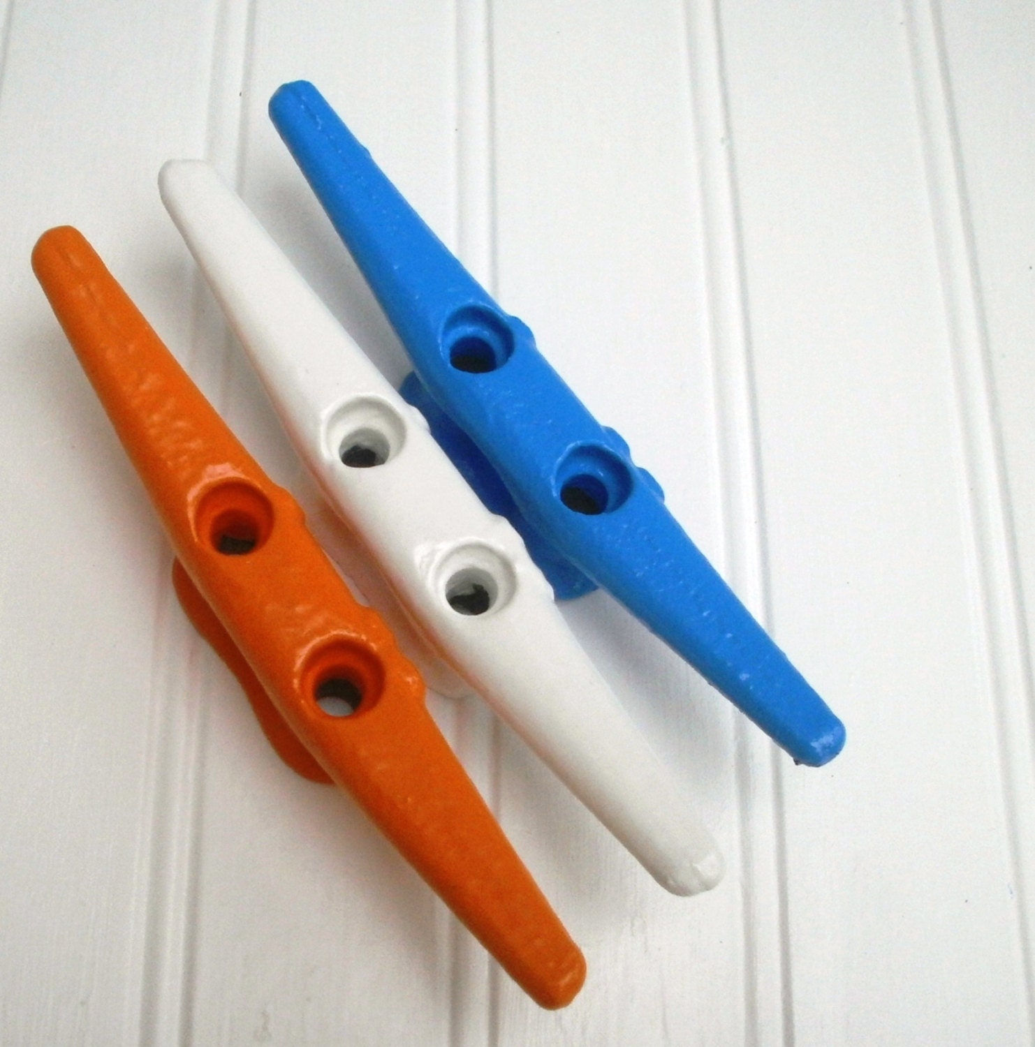 3 for 30 Nauitcal boat cleat wall hook drawer pull As seen in Coastal Living beach island nautical surf nursery orange blue white