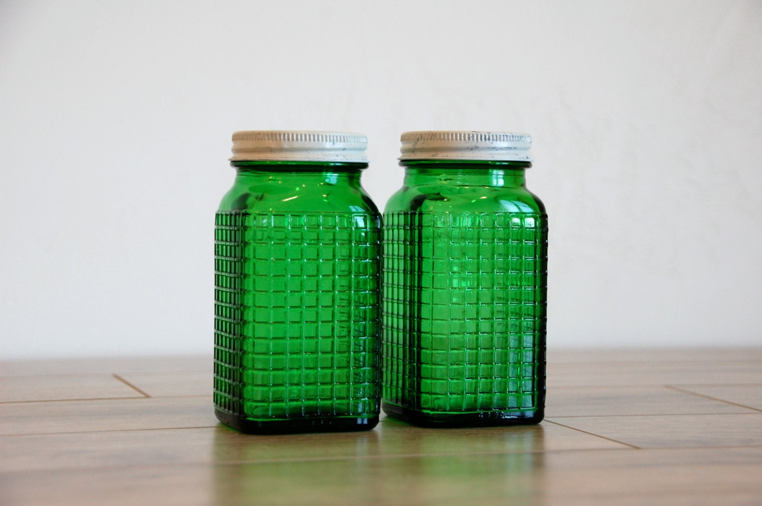 Vintage Green Depression Glass Spice Salt Pepper Jars, Sold Individually