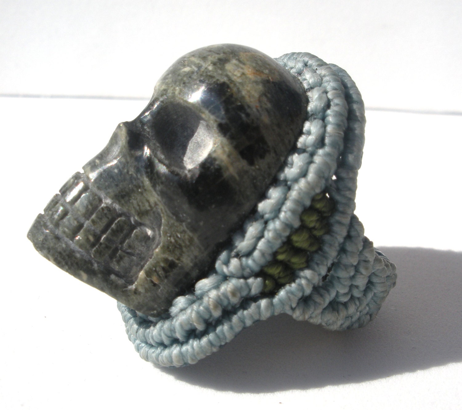 Macrame Ring with Skull Shaped Chalcedony Stone - one of a kind