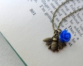 SALE.  Jacket. Brass Bee and Blue Rose Necklace.