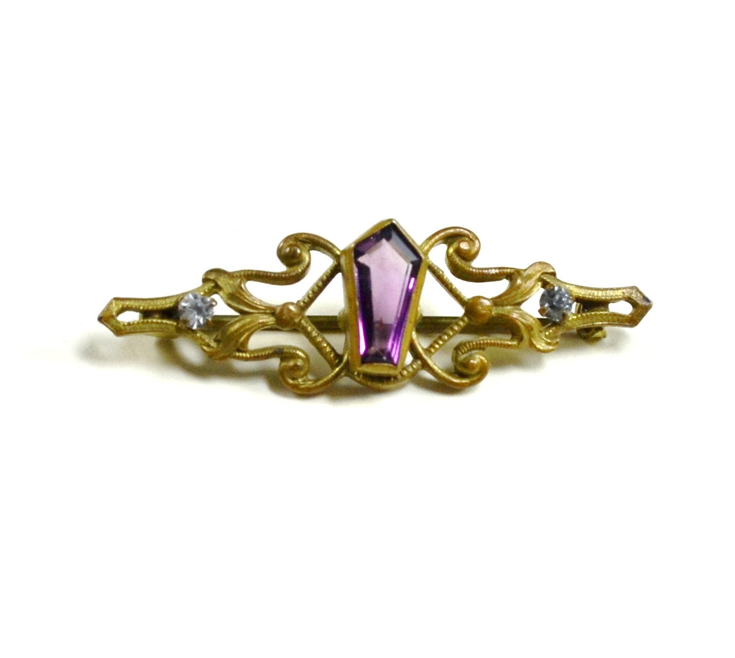 Antique Amethyst Victorian Brooch Rhinestone Pentagon Cut Stone