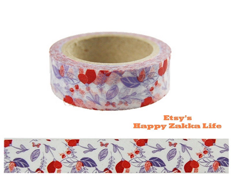 Japanese Washi Masking Tape - Red Flower and Purple Leaf - 11 Yards