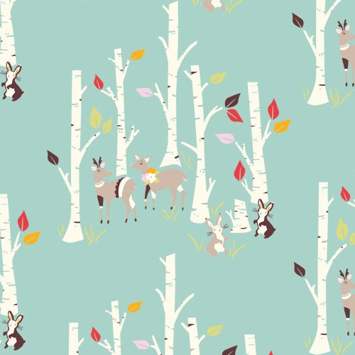 Organic Teal Woodland Fabric, Birch Forest - Yay Day by Birch 1 Yard - CreateByTheYard