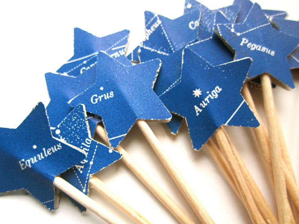 Constellations Cupcake Toppers, Set of 24, Vintage 1930's Astronomy Book, Star Topper, Space Theme, Upcycled, Vintage Wedding, Space Wedding