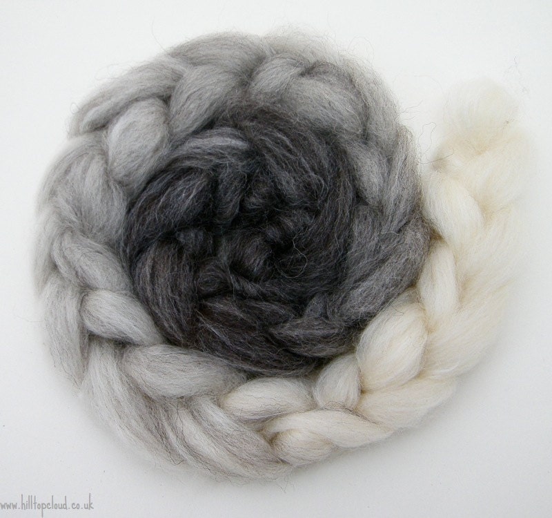 Shetland Roving, Shetland BFL Silk - Black and White Gradient, Dafad 100g