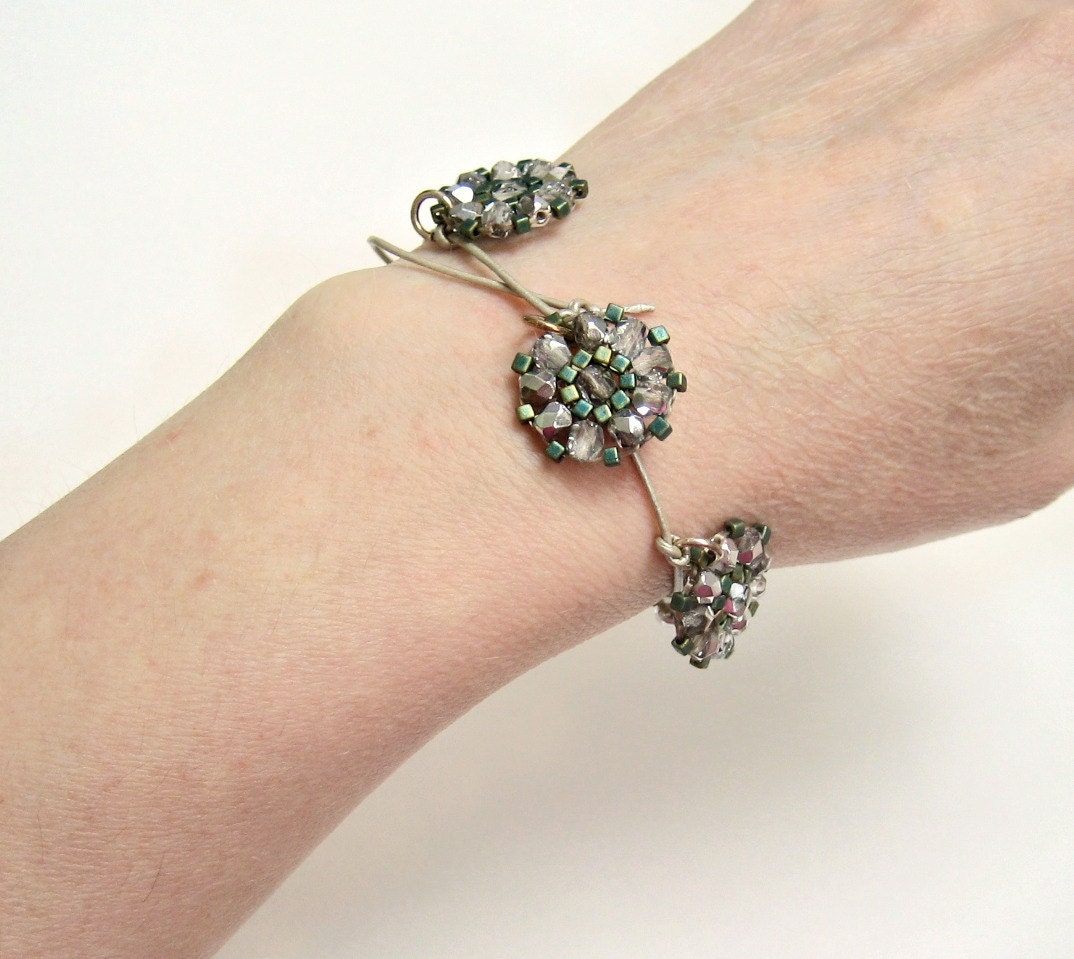 Leather Bracelet, Charm Bracelet, Adjustable, Sparkly Bracelet, Metallic Silver, Bohemian Glam, Boho Chic, Handmade in France