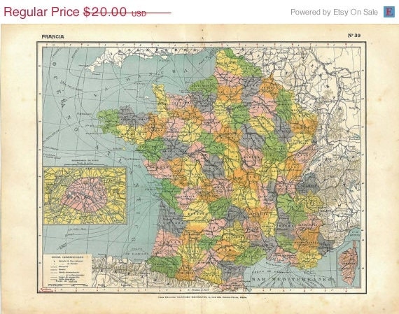 Political Map France Antique 1910s Paris