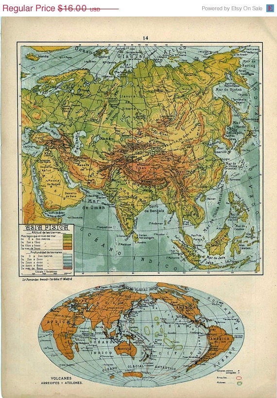 Asia Relief Map and World Map Vintage 1942
