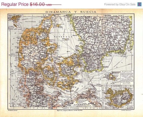 Denmark and Sweden Vintage Map 1923