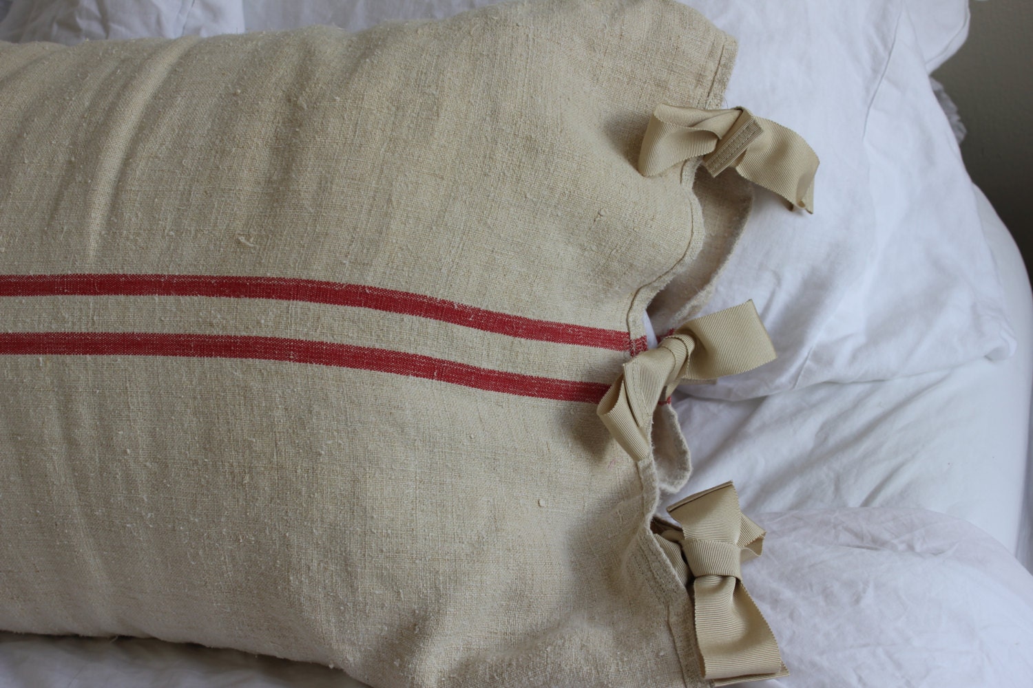 Vintage French Grain Sack Body Pillow Sham Red Stripe