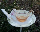 Amber Glass Tea Cup Bird Feeder with Butterfly Accent - Garden Art