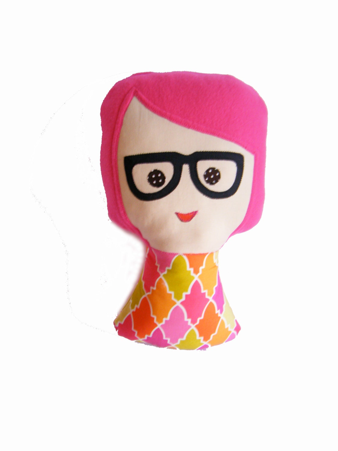 Plush Doll - Soft stuffed toy or cushion - "Nerdy Nadine" - orange pink - retro doll - QuiltedBlissByNadine