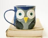 Mr. Owl Ceramic Mug - Retro Navy Blue - Grey Owl - Original OOAK Design