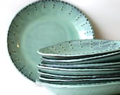 Deep Salad Plates - Set of 2 - Aqua Mist Creamy White Dark Teal - French Country Dinnerware - Pottery Stoneware