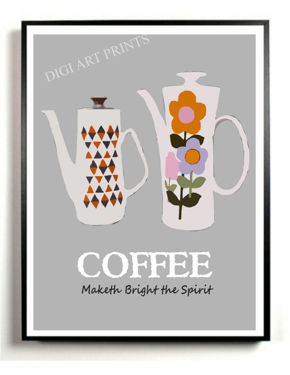 Kitchen Art Wall Decor, Coffee Art Print, Vintage Retro Coffee Pot, Coffee Maketh Bright the Spirit