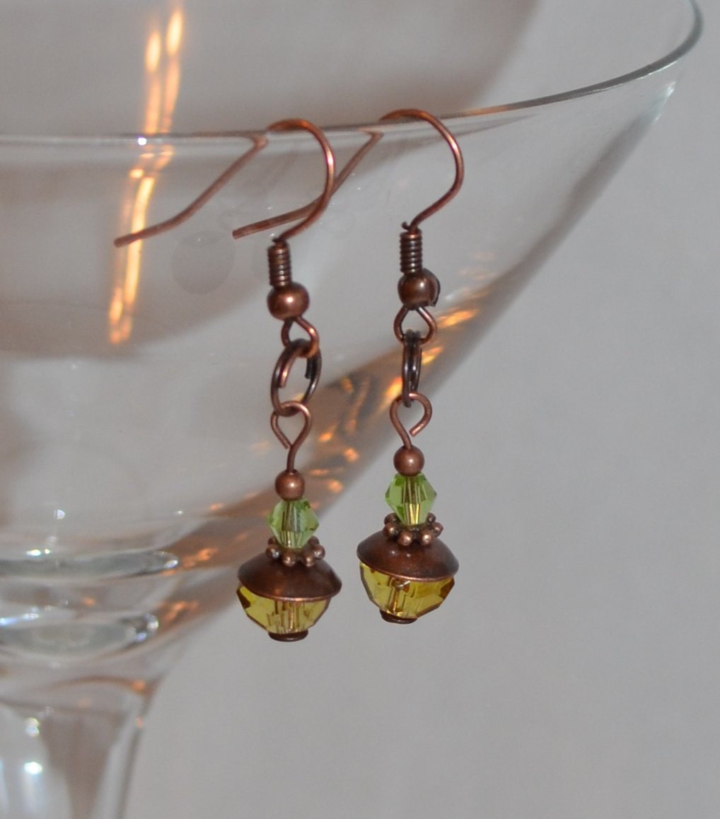 Gifts for her, under 20, Dangle Earrings Copper Peridot Green Pale Yellow Crystal OOAK Original Design