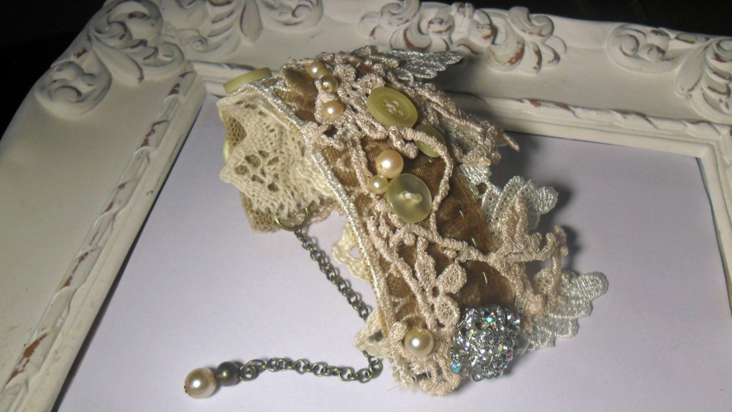 Handmade ivory lace wedding bracelet Handmade ivory gold vintage lace cuff bracelet bridal bracelet shabby chic jewellery linen cuff
