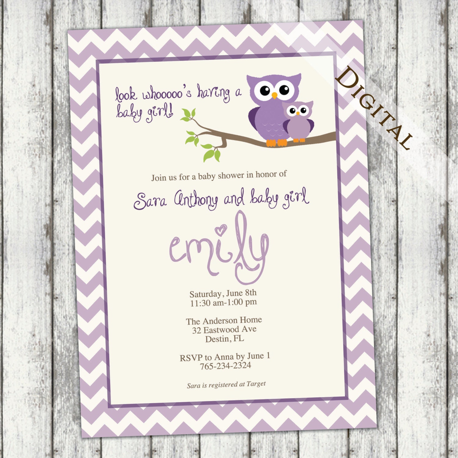 owl baby shower invitations, purple chevron baby shower invitation with owls, purple and brown, Digital, Printable file (item18)