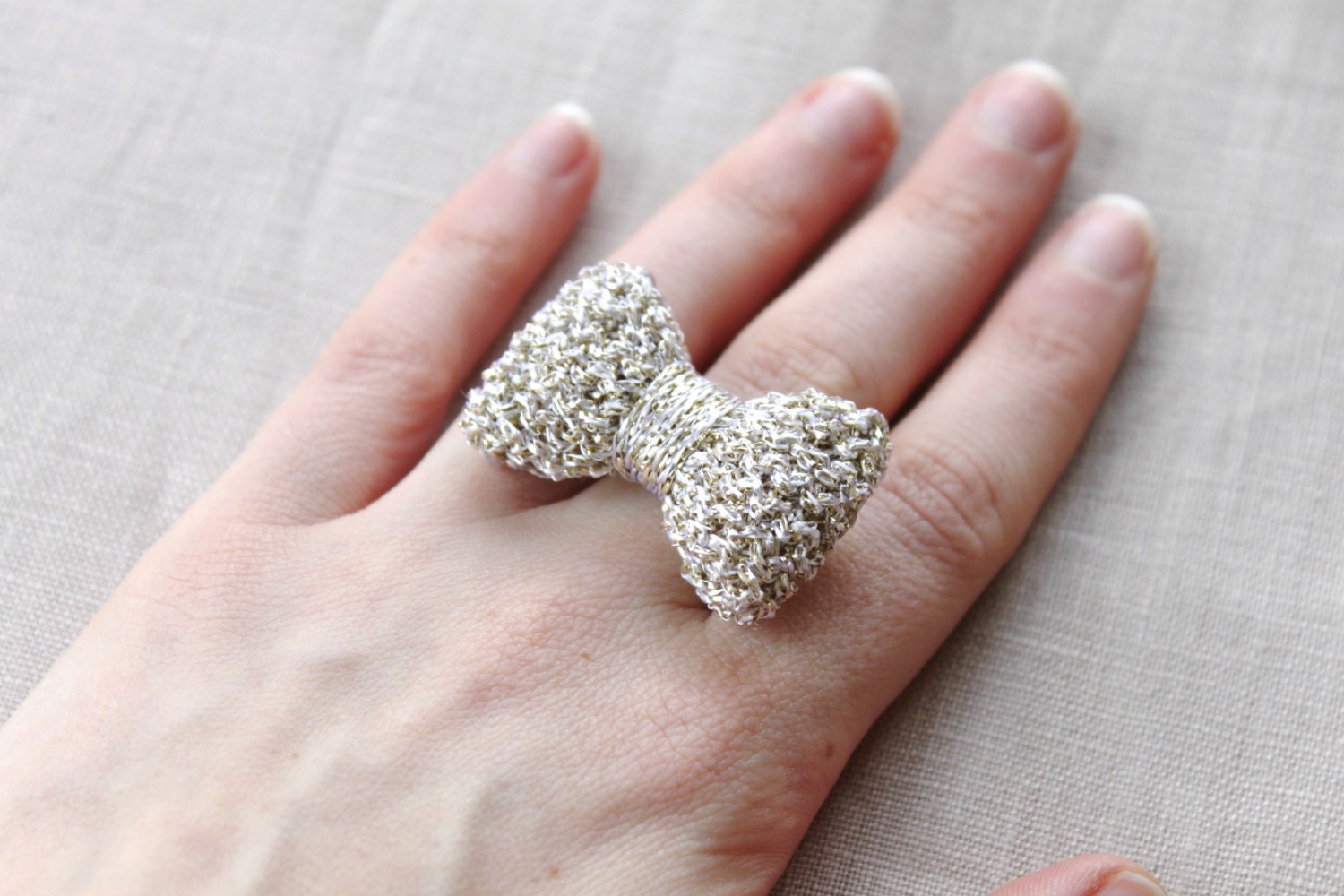 Bow Ring Knitted in Metallic Yarn, Adjustable Bow Ring, Knitted Bow