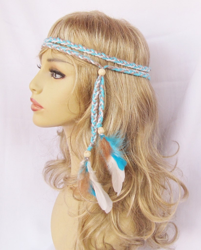 TURQUOISE RAIN Hippie Boho braided feather headband women hair accessories