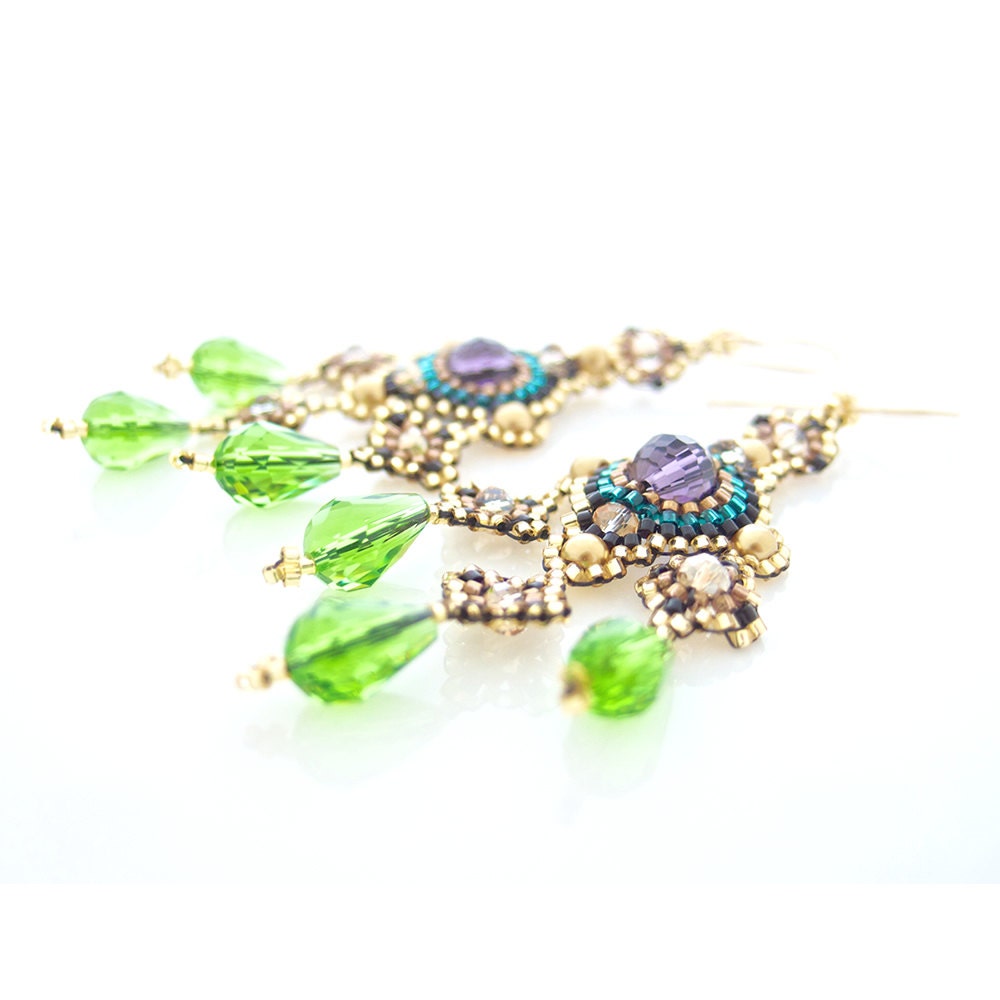 Beaded Chandelier Earrings, Gold Earrings, Purple Earrings, Champagne Pearls, Crystal, OOAK Statement Earrings, Handmade by JeannieRichard