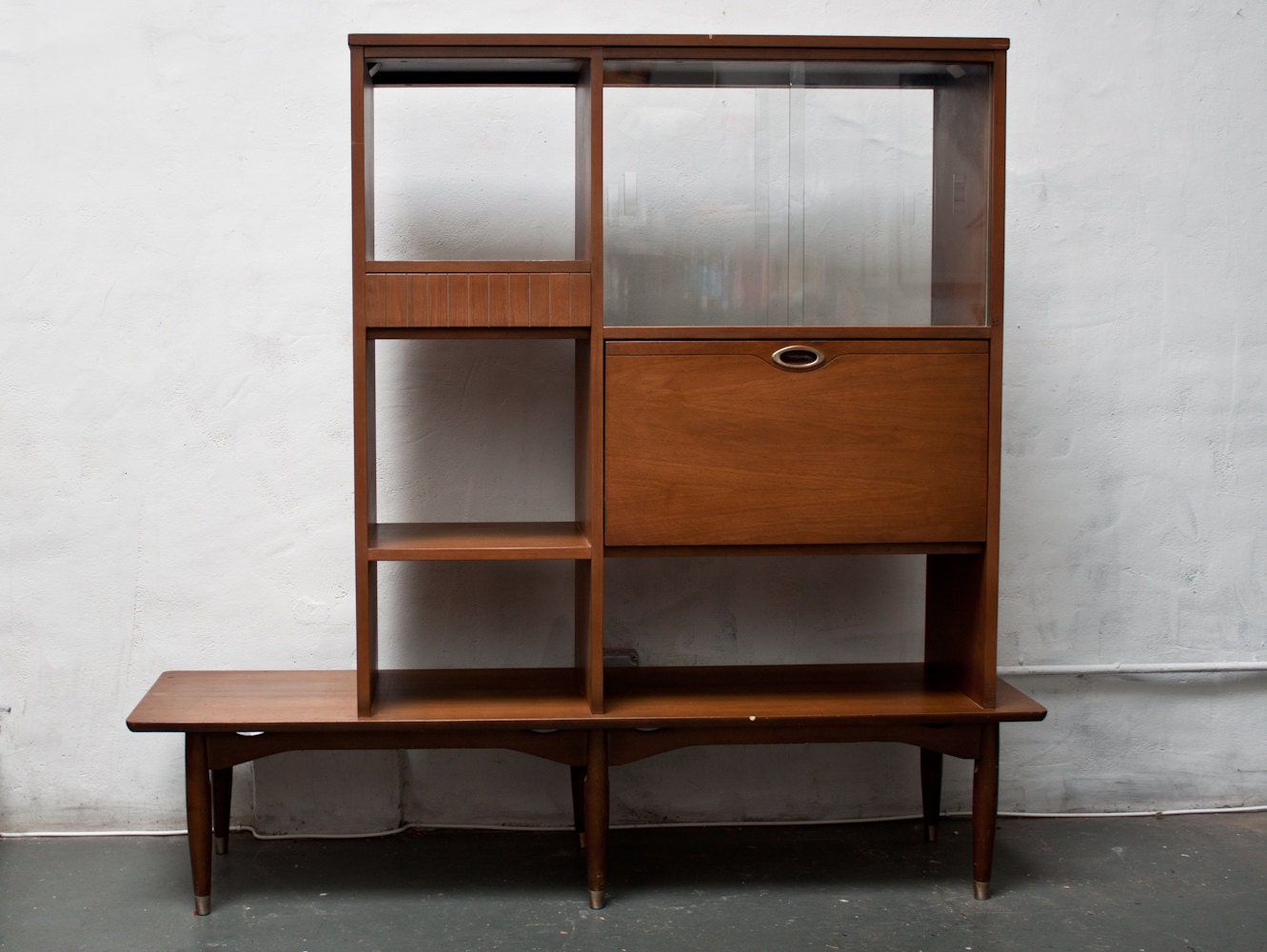 Mid-Century Wood Room Divider Shelves Drawers Shelving Unit Mudroom