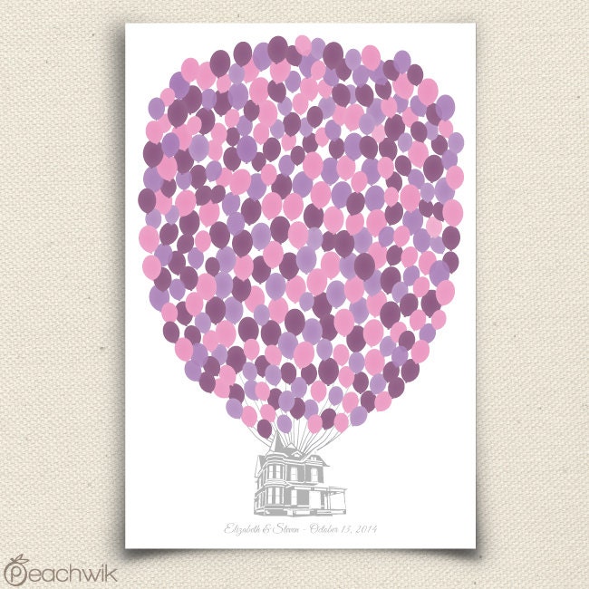 Wedding Guest Book Alternative - Housewik Guestbook - Peachwik Personalized Guest Book - 300 guest sign in -  Balloons & Floating House