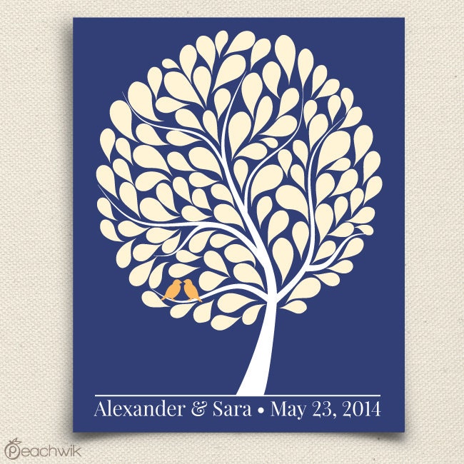 Guest Book Alternative - The Bubblewik - A Peachwik Personalized Art Print - 100 guest sign in - Love Birds in A Bubble Tree Guestbook