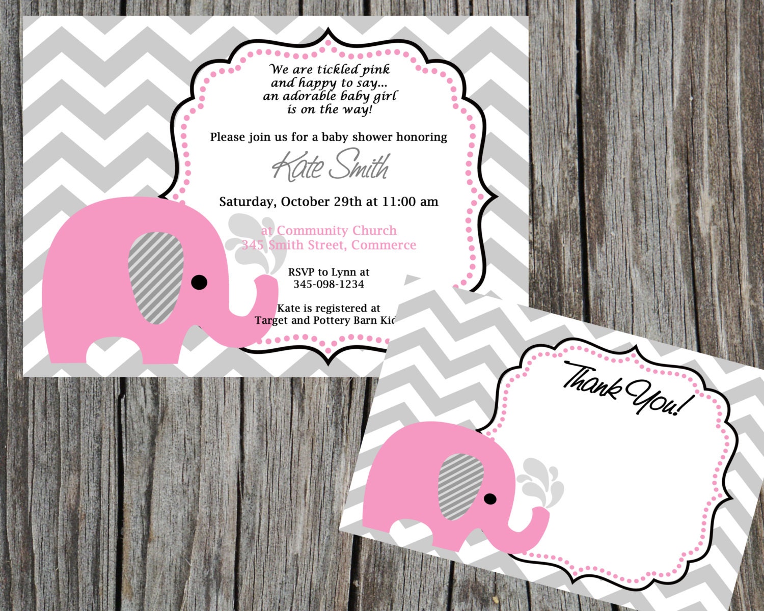 COMBO Special: Pink Elephant and chevron Baby Shower Invitation and Thank You Card, Printable Shower invitation and thank you card Il_570xn