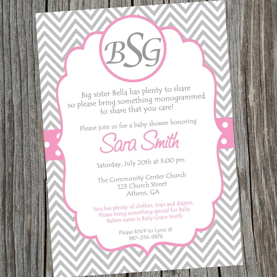 Pink Monogram Baby Shower Invitation. Printable Baby Girl Chevron Shower Invitation. Monogram Baby Shower Invitation. Il_570xn