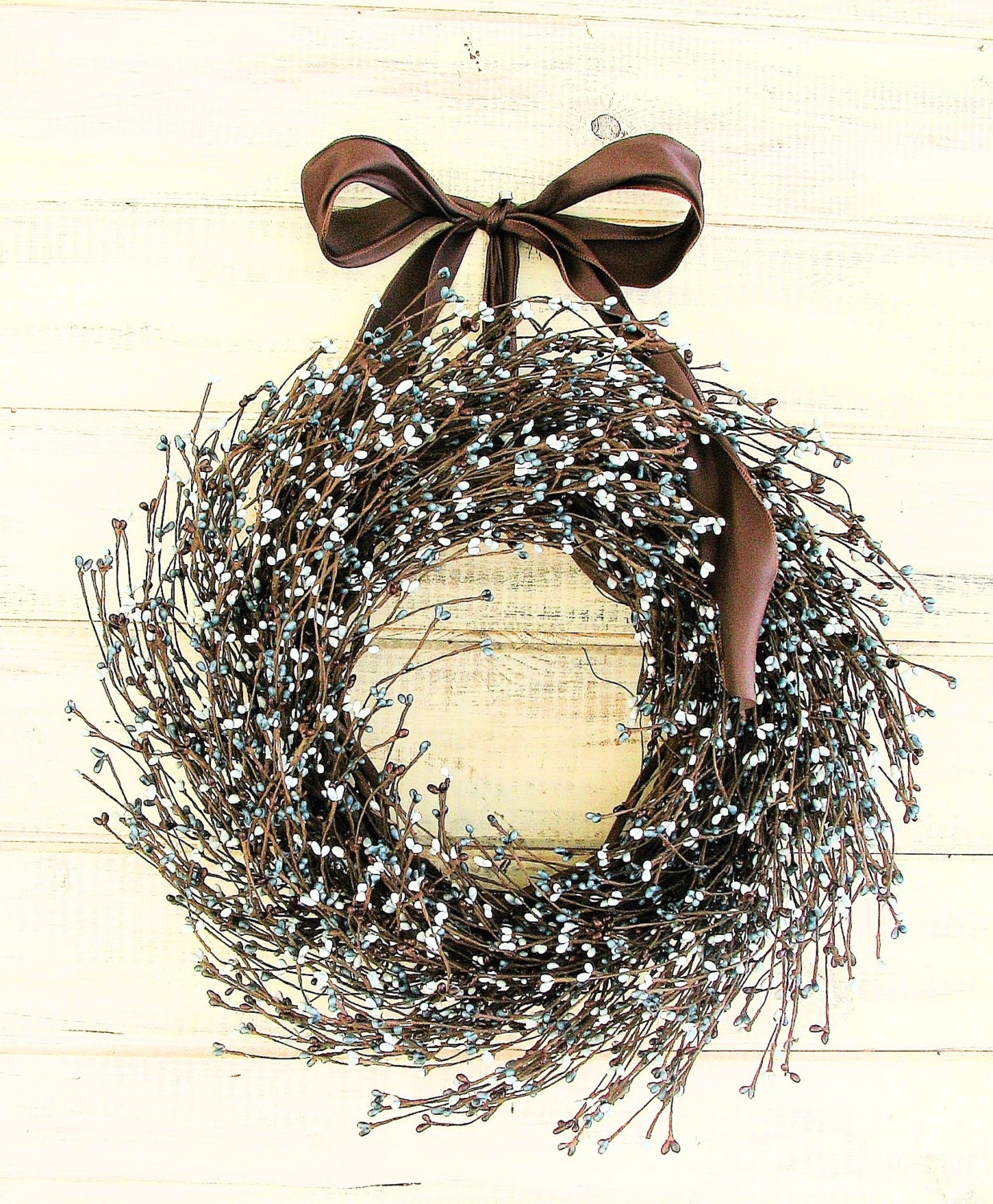 RUSTIC BROWN & BLUE Berry Wreath-Spring Door Wreath-Rustic Door Decor-Scented Wreath-Customize Choose Scent and Ribbon Color