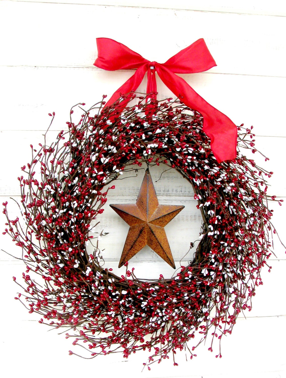 RED & WHITE PRIMITIVE Star Wreath-Rustic Summer Wreath-Fourth of July Door Decor-Scented Baked Apple Pie-Choose Scent and Ribbon