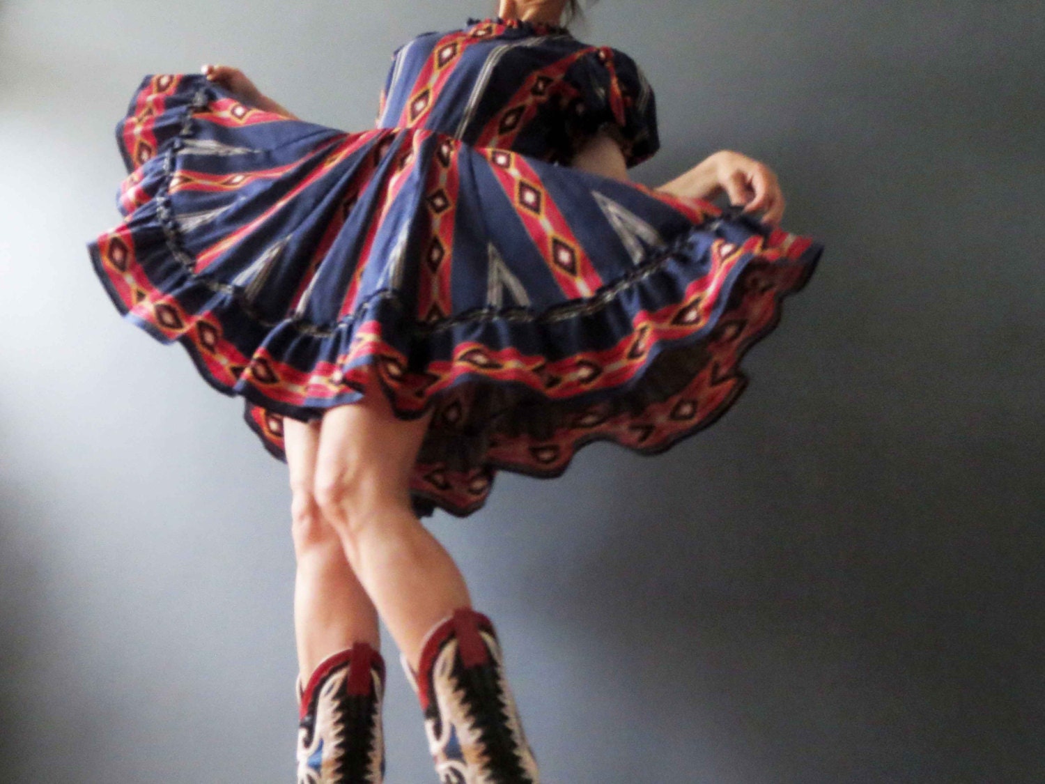 80s Southwestern Swing Tribal Ikat Stripe Mini Swing Dress Medium Cotton Blue Red, Handmade Vintage